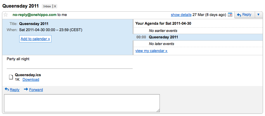 Screenshot of iCalendar mail in GMail